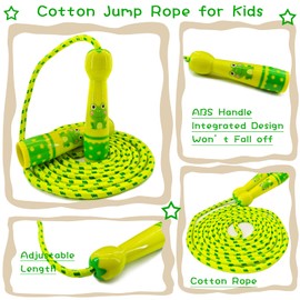 TYSISKNO Jump Rope for Kids, Adjustable Cotton Braided Skipping Rope with ABS Handle for Toddler, Boys and Girls Kids Jump Rope Exercise (Green -Frog)