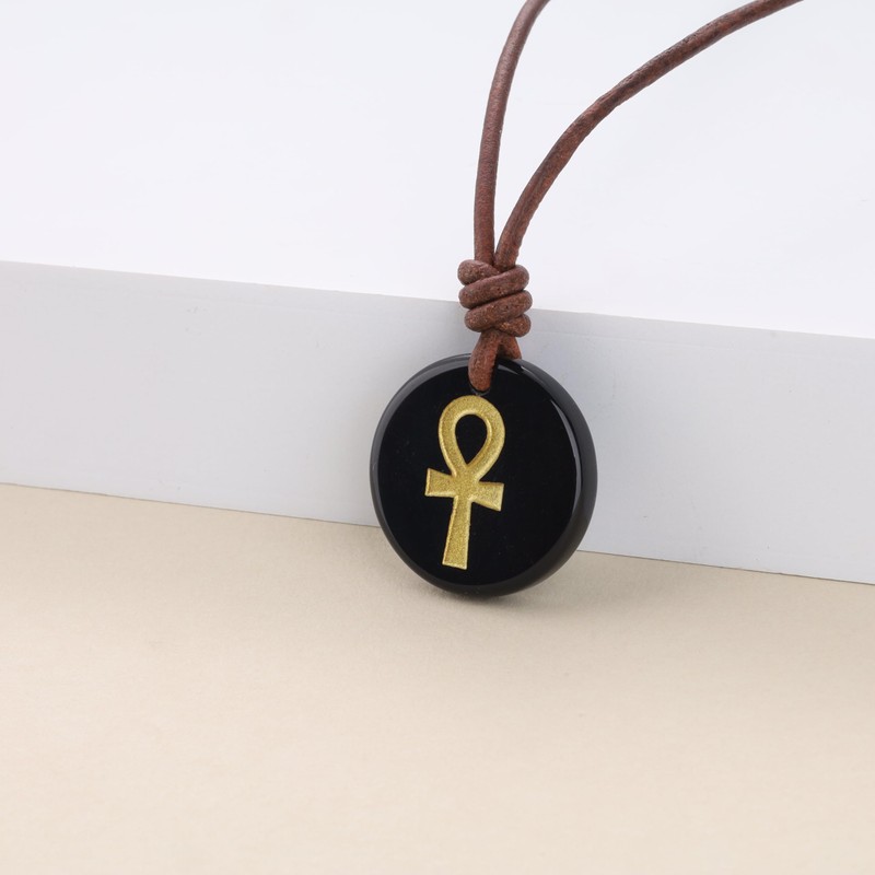 COAI Black Obsidian Necklace for Men Women, Genuine Leather Ankh