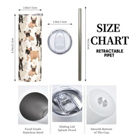 amepay French Bulldog Stainless Steel Insulated Tumbler with Lid - 20oz Cute Frenchie Dog Travel Mug, Reusable Metal Straw & Brush, Double-Wall Vacuum Bottle Cup for Hot Cold Drinks,Gifts