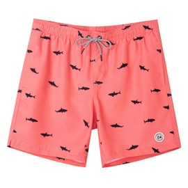 SURF CUZ Mens Swim Trunks 7" Swimming Trunks with Mesh Liner Quick Dry Swim Shorts for Men Swimwear Bathing Suits Pockets,Black Shark-Pink,M