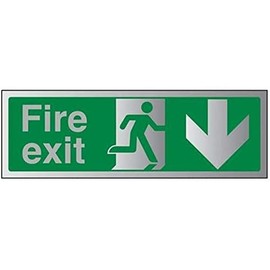 VSafety Fire Exit-Fire Exit Arrow Down Sign - 300mm x 100mm - 3mm Brushed Alu Comp