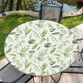 Outdoor Round Tablecloth with Elastic Band, Diameter 90 cm, Elastic Garden Tablecloth with Green Leaves Pattern