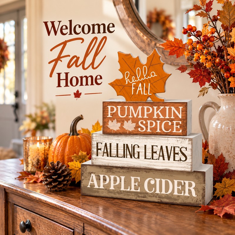 Wooden Fall Tabletop Decor for Seasonal Decorating – 4-Piece Maple