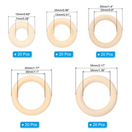 PATIKIL Wooden Rings for Crafting, 100 Pcs Smooth Macrame Wood Rings for Macrame Jewelry Making DIY Crafts, 0.6/1/1.3/1.7/2.2" OD Thickness