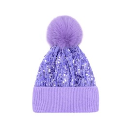 Caviotess Sparkly Sequins Beanies for Women Girls Warm Velvet Winter Hat Knit Skull Cap with Faux Fur Pom Pom