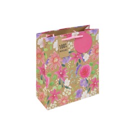 Eurowrap Medium Brown Kraft Paper Floral Gift Bag – Floral Print Gift Bag with Woven Handle – Perfect for Mother's Day, Birthdays & Special Occasions