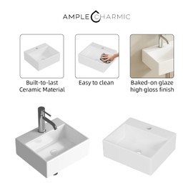 AmpleCharmic Wall Mount Bathroom Small Vessel Sink, 13’’ Rectangle Ceramic Basin with Faucet/Pop-up Darin/P-trap, No Overflow, Modern White, Wall Hang Porcelain Sinnk