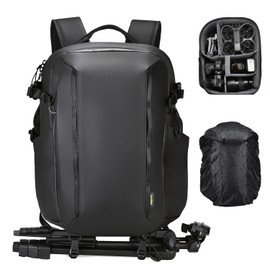 RaLeno Camera Backpack Bag, 22L+5L (Expandable Compartment) Waterproof Camera Case with Quick-Access Side Pocket for DSLR SLR Mirrorless Camera Compatible with DJI Mavic Drone/16 Laptop/Tripod Holder