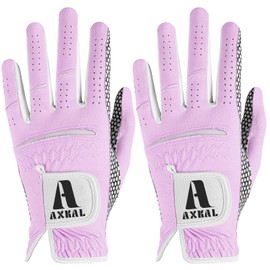 AXKAL Golf Gloves Women Enhanced Grip Comfortable Value 2 Pack Right Left Hand, Lightweight All Weather Breathable Ladies Golf Gloves Purple Pink Sizes S M ML L XL (Purple, M, Left)