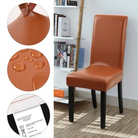 YISUN Dining Chair Covers, Solid Pu Leather Waterproof and Oilproof Stretch Dining Chair Protector Cover Slipcover (Light Brown, 4 Pack)