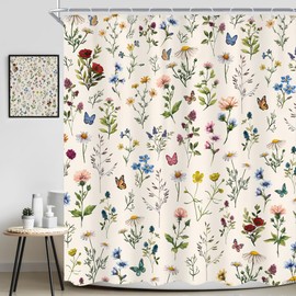 Ufeela Vintage Floral Shower Curtain 72Wx72L Inch Beige Flowers Wildflower Plant Botanical Herbs Cottage Core Bathroom Set Whimsical Butterfly Woman Girls Bath Curtain Bathtub Accessories Home Decor