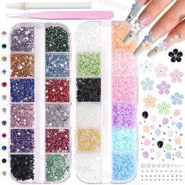 3D Flatback Flower Nail Charms and Rhinestones for Nails, Color Petal Flowers Nail Gems Charms, Half Round Nail Rhinestones, Color Diamonds Stones Charms for Nail Art Supplies DIY Design