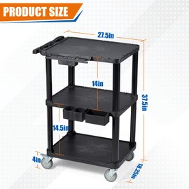 ELAFROS Heavy Duty 3-Tier AV Cart with Power Strip, 27.5 x 18.25 Inch, Industrial Plastic, 330 lbs Capacity, Flat Top Shelves with Swivel Wheels – Multipurpose Rolling cart
