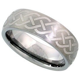 Sabrina Silver Tungsten Carbide 7 mm Domed Wedding Band Ring Brushed Finish Etched Celtic Knot Center Size 10