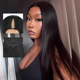 CHEETAHBEAUTY V Part Wigs Human Hair Straight V Shape Wigs for Black Women Upgrade U Part Wigs No Leave Out No Sew In No Glue Clip in Half Wigs 180% Density Natural Black 10Inch