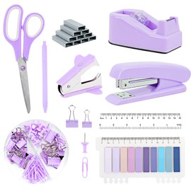 EOOUT 9pcs Purple Desk Accessories, Office Supplies Set, Stapler and Tape Dispenser Set for Women with Stapler, Tape Dispenser, Staple Remover, Staples, Clips, Scissor and Tabs for Students