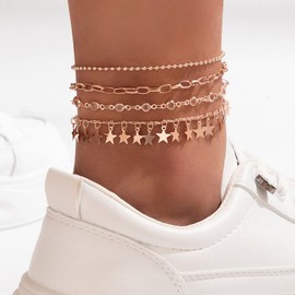 Stocking Stuffers Gifts for Women 4Pcs Star Anklet Foot Chain Gold Layered Star Anklet Boho Beach Jewelry Layer Anklet for Women Adjustable Anklet Summer Beach Dainty Link Anklets Set (Gold)