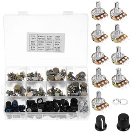 QWORK 200 Pcs Potentiometer Kit WH148 B1K 5K 10K 20K 50K 100K 250K 500K 1M Ohm - Rotary Single Linear B Type with Assorted Knobs and Hardware