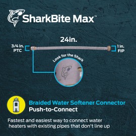 SharkBite Max 3/4 Inch x 1 Inch FIP x 24 Inch Stainless Steel Braided Flexible Water Softener Connector, Push to Connect Brass Plumbing Fitting, PEX Pipe, Copper, CPVC, PE-RT, HDPE, UR3086FX24