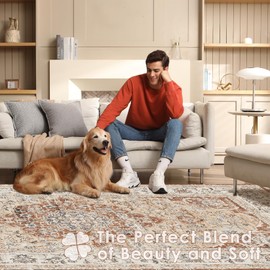 VK·LIVING 5x7 Area Rugs for Living Room Bedroom, Machine Washable Dining Room Carpet, Vintage Persian Rug with Rubber Backing, Lightweight Indoor Oriental Carpets with Non Slip Stain Resistant, Brown