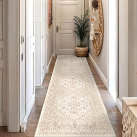 Restydon Runner Rug 2x10, Ultra-Thin Kitchen Rugs Non Slip Washable Rugs for Entryway Rug, Kitchen Runner Low Pile Vintage Soft Carpets for Living Room, Bathroom Bedroom (Cream/Beige,2'x10')