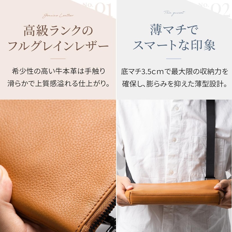 Mura Sacoche Men's Shoulder Bag, Genuine Leather, Anti-Skimming, Thin, Braun