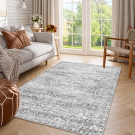 Lahome Machine Washable Area Rugs - Floral Grey 4x6 Rug Non-Slip Soft Room Rugs for Bedroom Ultra-Thin, Neutral Boho Print Stain Resistant Rug for Kitchen Laundry Room Entryway Office (Grey, 4'x6')