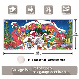 Yriujul 1PC 16x7ft Christmas Village Garage Door Banner Decorations Winter Night Snowy Tree Santa Photography Backdrop Home Outdoor Wall Hanging Merry Xmas Party Supplies