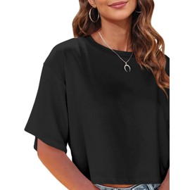 Tankaneo Women Half Sleeve Cropped T-Shirts Drop Shoulder Round Neck Crop Tops Casual Summer Solid Color Basic Tees