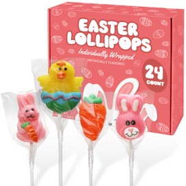 Easter Lollipops Candy Variety Pack - 24 individually wrapped Assorted Colorful Shapes With Bunny, Egg, Carrot Easter Suckers For Kids Classroom. Gifts & Treats