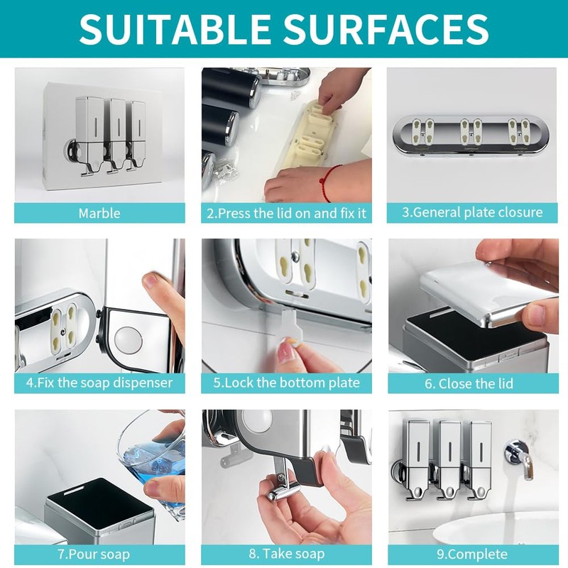 No-Drill 3 Pack 500ml Wall Mounted Soap Dispenser for Bathroom