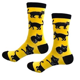 Novelty Cat Socks - Black Cats Design - Yellow Cotton Blend Gift Mens Womans UK Size 5-11 - 1 Pair