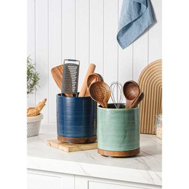 Utensil Holder, 360° Rotating Extra Large Ceramic Kitchen Utensil Holder for Countertop, 7.3“ Cooking Utensil Crocks for Kitchen Counter with Rotatable Wooden Base, Farmhouse Decor, Forest Green