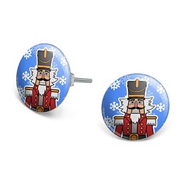 Grinning Nutcracker Soldier with Snowflakes Novelty Silver Plated Stud Earrings