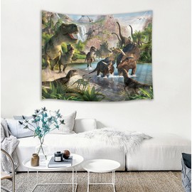 HVEST Jurassic Dinosaur Tapestry Wild Ancient Predator Animal Wall Hanging Tropical Forest with Green Trees and Mountain Wall Tapestries for Bedroom Living Room Dorm Party Wall Decor,60Wx40H inches