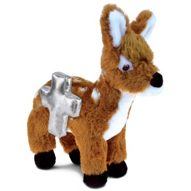 DolliBu Small Standing Deer Stuffed Animal with Silver Cross Plush – Religious Baptism Gifts for Boys and Girls, Dedication Christening Gifts Plush Prayer Toy Healing Stuffed Animal - 10 Inch