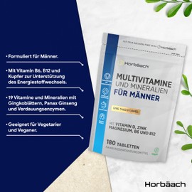 Multivitamin Tabletten Männer | 6 Monate Vorrat - 180 Vegane Tabletten | 28 Vitamine & Mineralien mit Magnesium, Jod, Vitamin B3, Vitamin D, Zink und mehr!| Horbaach