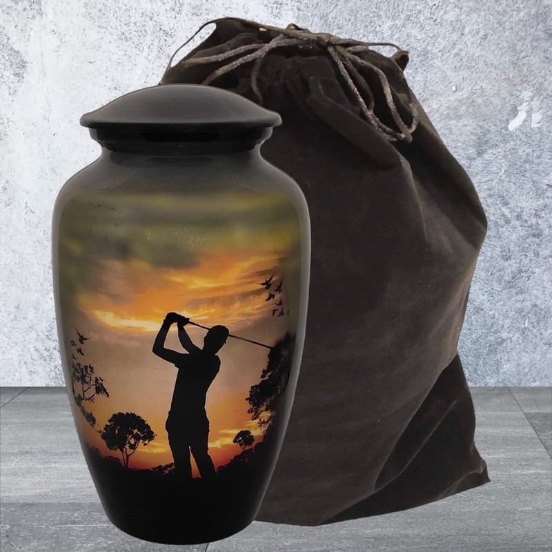Akanksha Arts Cremation Urn, Burial Urns. Lovely Golfer Golf Design.