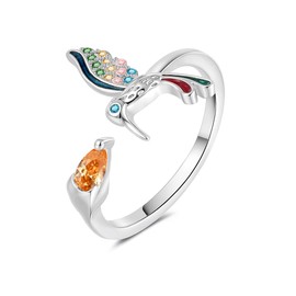 OIDIMS Adjustable Hummingbird Ring for Women Sterling Silver Plated Colorful Crystal Cubic Zirconia Rings Delicate CZ Bird Open Band Comfort Fit Wrap Finger Cute Graduation Jewelry (Silver)
