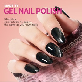 Black Press On Nails Short Almond Cat Eye False Nails with Handmade Jelly Magnet,Stiletto Glue On Nails-24Pcs Fake Nails Kit，Opal