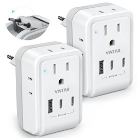 Adaptador de enchufe de viaje europeo VINTAR plegable de Estados Unidos a Europa con 4 tomas de corriente alterna, 3 puertos USB (2 USB C), adaptador de enchufe tipo C para la mayoría de Europa, UE,