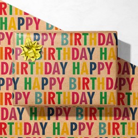 GIOLNIAY Kraft Birthday Wrapping Paper for Men, Women, Kids - Recycled Gift Wrap with Happy Birthday Colorful Text Design - 28 x 40 Inches, 4 Folded Sheets, Easy to Store