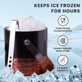 Sol Living Ice Bucket - Double Wall Stainless Steel - Includes Tongs and Lid - Wine & Champagne Holder - for Home, Bars, Commercial Use - Ribbed Finish - Half Copper, Half Black Matte, 1.6 Qt.