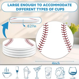 Drinks Coasters Set of 4, Baseball Round 4" Cup Coasters, Absorbent Ceramic Stone Coasters with Cork Base, Cute Coasters for Table Home Décor, Ideal Gifts for Women Men