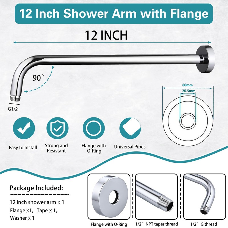 12 Inch Shower Arm with Flange,Stainless Steel 90 Degree Rain