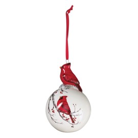 Sullivans - 4.75" White Christmas Tree Ball Ornament with Decorated Red Cardinal on Top and Painted Cardinal on a Branch