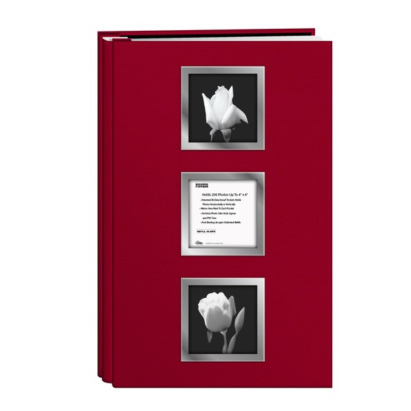 Pioneer Photo 200-Pocket Post Bound Photo Album with Red Fabric and Silvertone Metal Frames for 4 by 6-Inch Prints