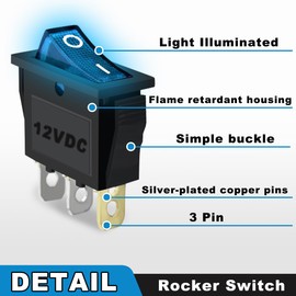 MKBKLLJY 6PCS Rocker Switch 3 Pins 2 Position ON/Off 20A 12V DC SPST Bule LED Light Illuminated Small Mini Snap in Boat Rocker Toggle Switch 18 PCS Terminal Wire Sheath (6.3mm/0.24inch)