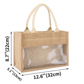 TopTie Jute Tote Bag Spliced Transparent Film Beach Bag Bridesmaid Proposal Bag Burlap Shopping Bag