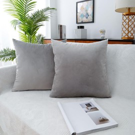 MoonRest - Pack of 2, Velvet Decorative Throw Pillow Filled with Synthetic Down Alternative, Cozy Soft with Hidden Zipper - Solid Color for Sofa Bedroom Couch 18 x 18 Grey